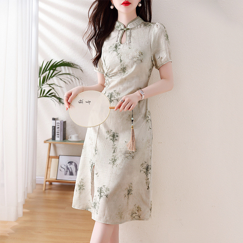 váy sườn xám kiểu mới dành cho nữ, váy xếp ly cổ đứng in họa tiết vintage,phong cách cổ điển, mẫu mới mùa xuân/hè