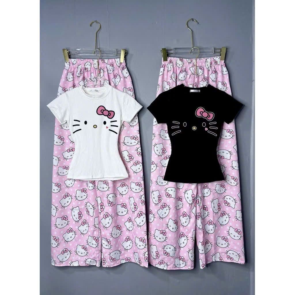 Bộ quần dài kity màu hồng +phối áo CROPTOP hình Mèo đơn giản -CHANG3158