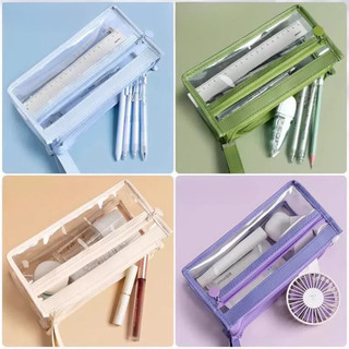 Túi Đựng Bút Trong Suốt 2 Ngăn Lưới Cao Cấp, Hộp Đựng Bút Nhựa PVC Chống Nước, Thiết Kế Tiện Lợi