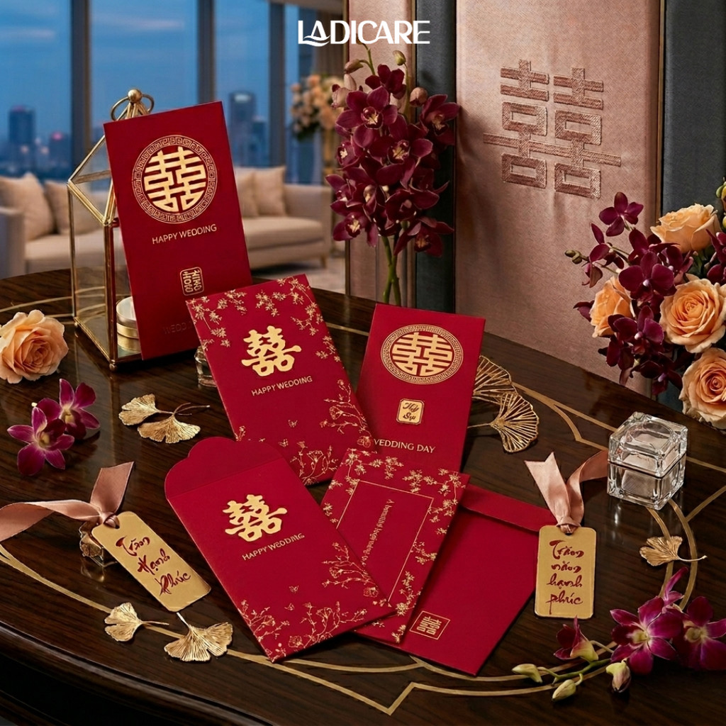 Bao lì xì đỏ mừng cưới, lì xì song hỷ, lì xì bê tráp, giấy ép kim nhũ cao cấp, mẫu mới nhất tết 2026