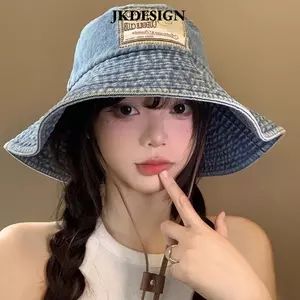 JKDESIGN Mũ xô Denim chống nắng với vành rộng và dây rút chống gió, thời trang theo phong cách Hàn Quốc, phù hợp mùa thu.