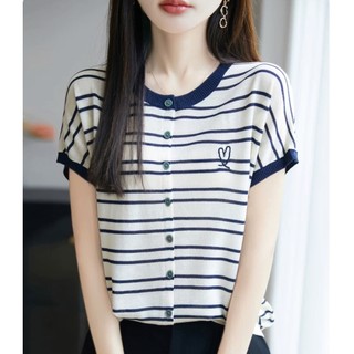 Áo len cổ tròn tay ngắn nữ, thiết kế sọc đơn giản, thời trang mùa hè