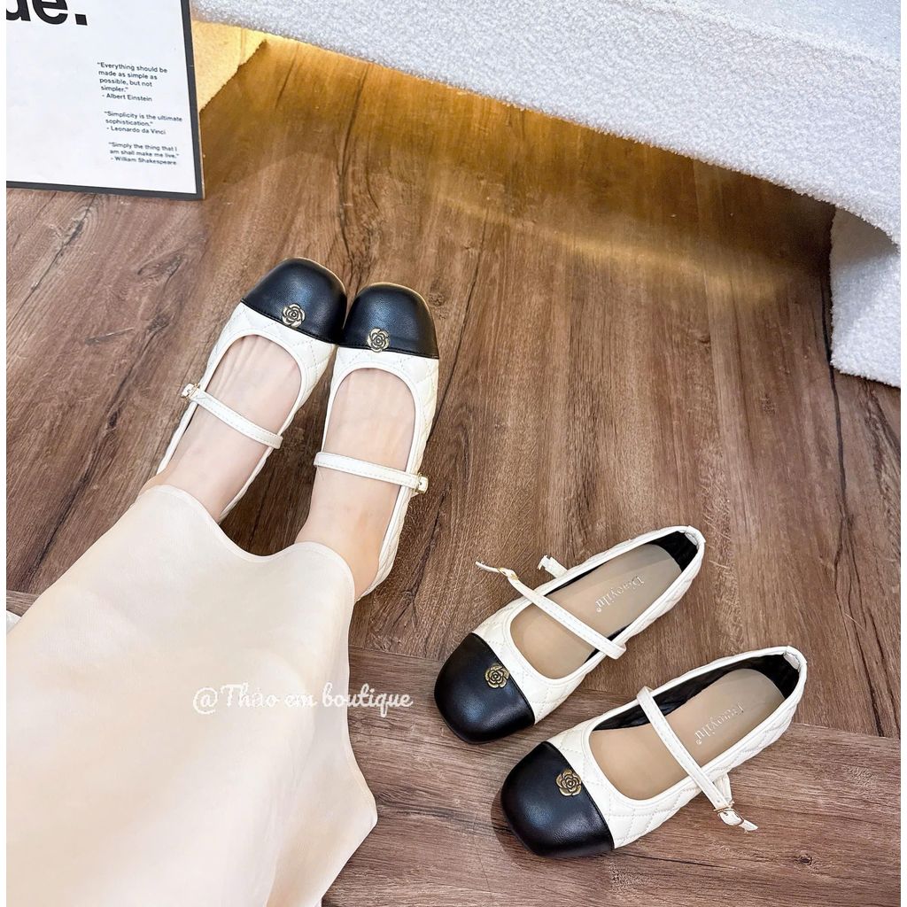 [Thảo Em - BB03 ] Giày bệt búp bê da trám nữ quai ngang đính hoa trà bánh bèo [Mã Mới]