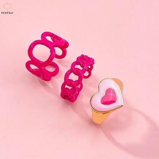 <![PCW-T] Bộ 3 nhẫn hình học trái tim màu hồng có thể điều chỉnh, thời trang dành cho nữ và bé gái