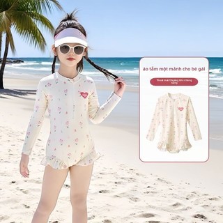 Đồ bơi liền thân cho bé gái - áo tắm tay dài chống nắng nhanh khô viền bèo dễ thương đi biển