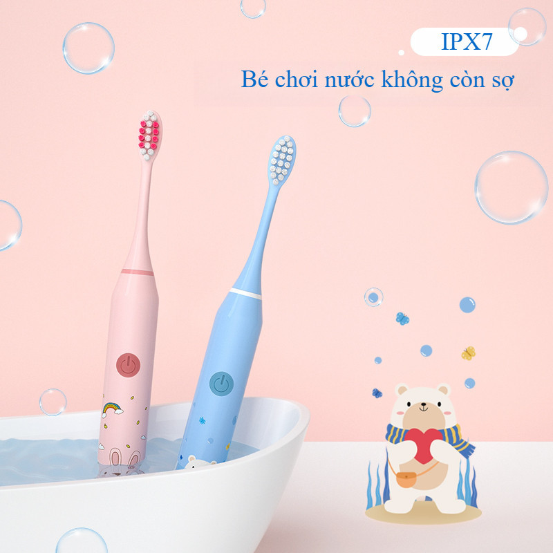 Bàn Chải Điện Cho Bé 5 Chế Độ - Tặng 6 Đầu Lông Mềm,Chống Nước IPX7, Pin Trâu, An Toàn Cho Răng Trẻ