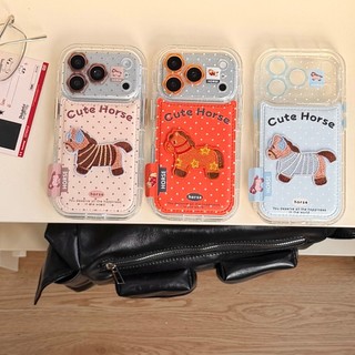 Hàn Quốc Wave Point Thêu Hoa Ngựa Bảo Vệ Toàn Diện Ống Kính Da PU Ốp Điện Thoại Cho iPhone 17Promax 17Pro 14 15 16 Pro Max 13 Túi Khí Chống Sốc Nữ Vỏ Di Động