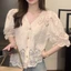 FEDAOG Nút Lên Áo Sơ Mi, Áo Sơ Mi Tay Bong Bóng Cổ Chữ V Thanh Lịch, Thời Trang Ngọt Ngào Ren Rỗng Áo Sơ Mi Tay Ngắn Nữ