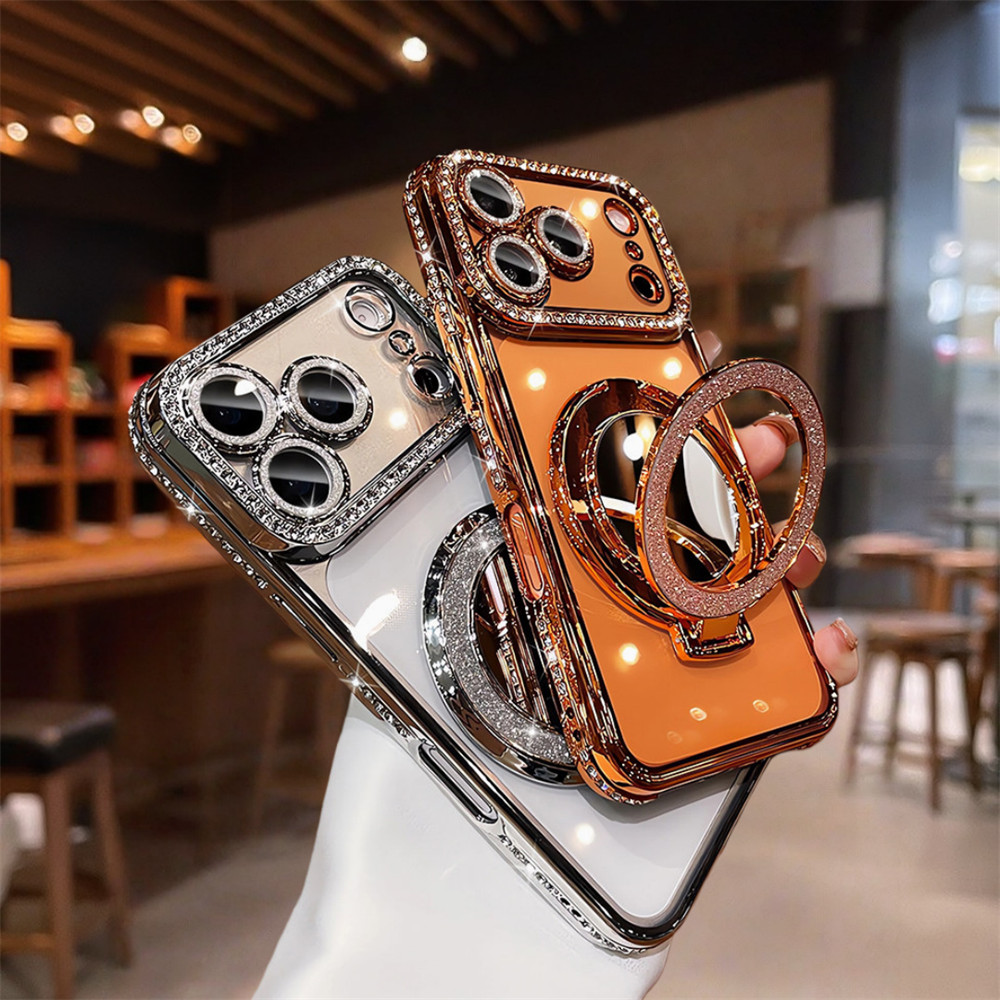 Ốp Điện Thoại Đứng Gương Kim Cương Flash Sang Trọng Cho iPhone 17 Pro Max 16 13 14 15 Pro Max Bao Gồm Bảo Vệ Ống Kính Máy Ảnh Vỏ Mềm Vỏ Điện Thoại Vỏ Bảo Vệ