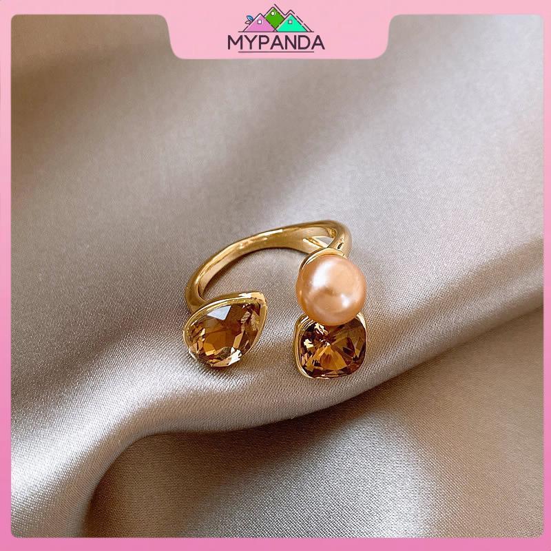MYPANDA Nhẫn hình học pha lê champagne ngọc trai kim loại, tinh tế cho dự tiệc