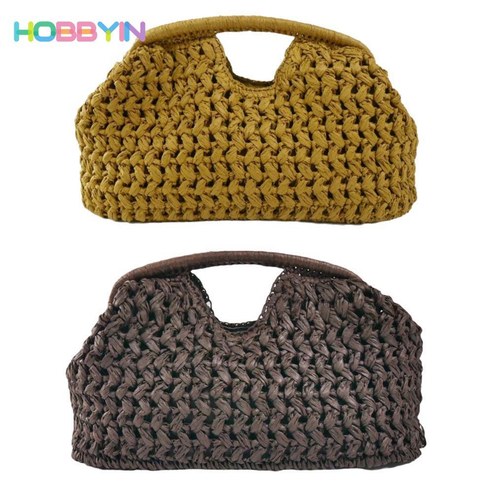HOBBYIN Túi xách nữ HOBBYIN, Túi ly hợp dệt dung tích lớn họa tiết đơn giản, Túi xách đi biển bằng rơm sang trọng thời trang Ví du lịch