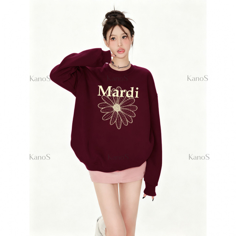 Kanos_shop | đỏ áo sweater dày dặn, Hàn quốc đẹp thời trang flower print áo tay dài áo thể thao