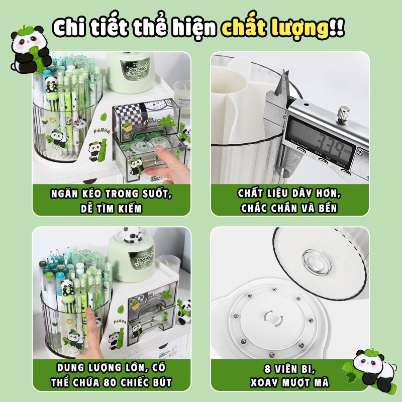 Hộp đựng bút để bàn dễ thương - Kệ đựng mỹ phẩm xoay 360 độ kèm nhãn dán gấu trúc, tiện lợi cho học sinh
