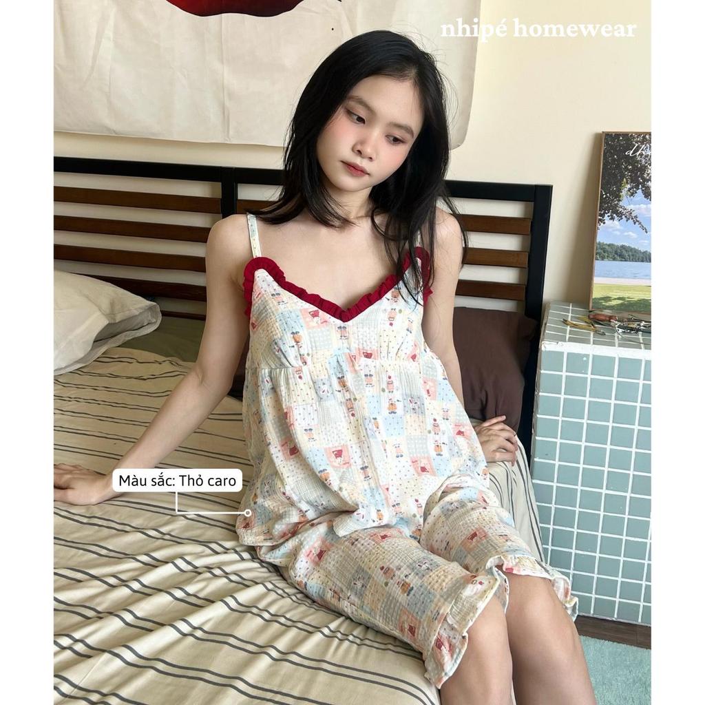 Bộ đồ áo 2 dây quần lửng xô muslin Nhipé homewear nữ set đồ ngủ mặc nhà chất liệu cao cấp mềm mịn thoáng mát
