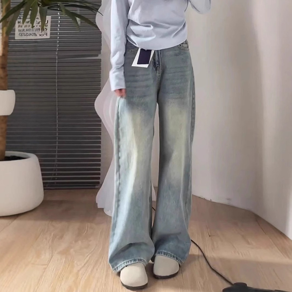 Nữ Quần Jean Cao Cấp Retro Màu Ánh Sáng, Form Rộng Ôm Dáng