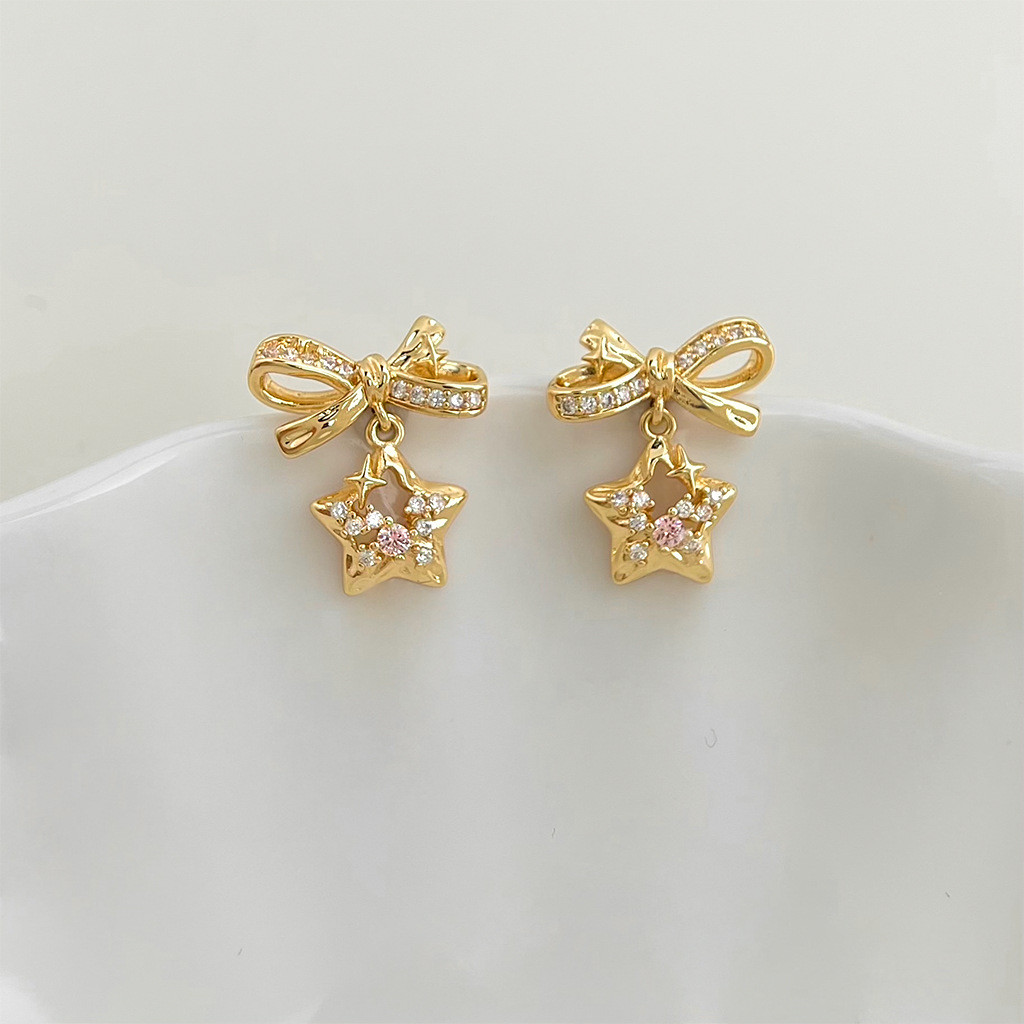 Bông tai kim bạc Meteor Bow Zircon 925 dành cho nữ Thiết kế Niche