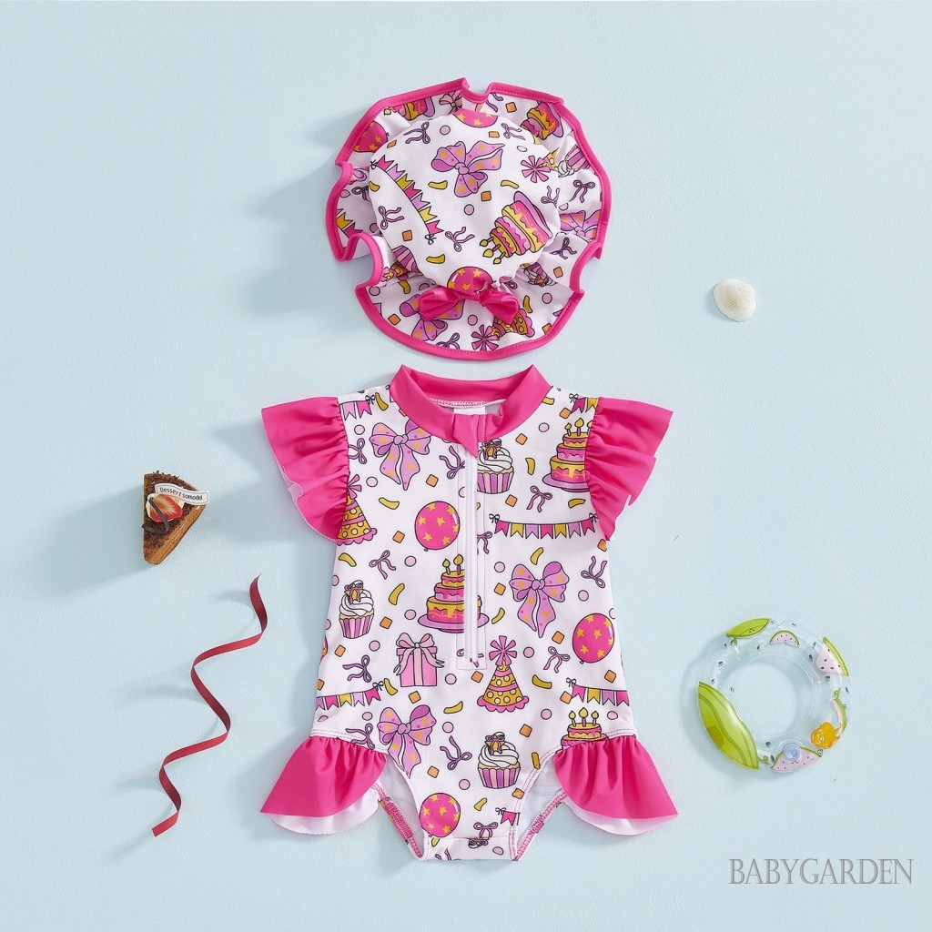 6 tháng-5 tuổi Trẻ Em Bé Gái Nơ Cupcake Tay Bay Zip-up Đồ Bơi Một Mảnh Có Mũ