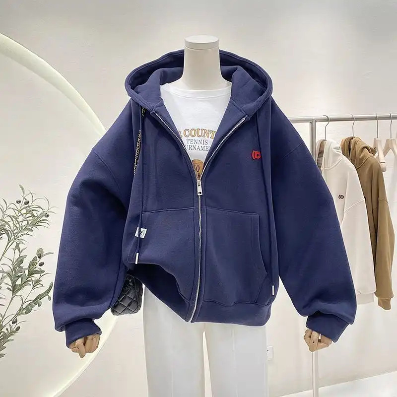 Áo khoác nữ nhung dày có mũ trùm đầu mùa xuân thu đơn giản và đa năng Áo Cardigan dây kéo Oversize đơn giản
