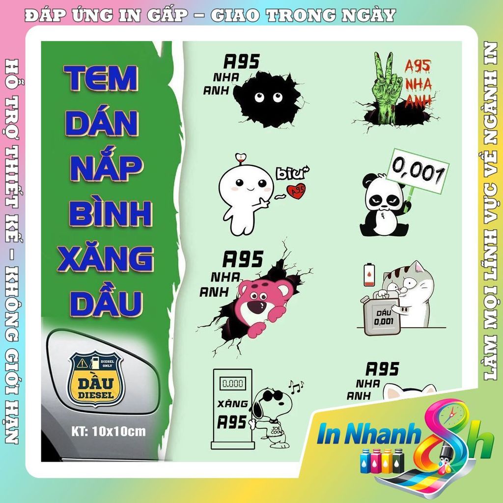 Tem sticker dán nắp bình xăng dầu ô tô, decal xăng A95 dầu diesel 0,001, sticker trang trí ô tô xe hơi
