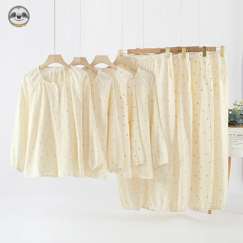 Phong cách đơn giản Nhật Bản / Bộ đồ quần dài tay cổ tròn bằng sợi cotton Seersucker dành cho nữ / Bộ đồ ngủ dài tay bằng vải cotton nguyên chất / Cotton nguyên chất B