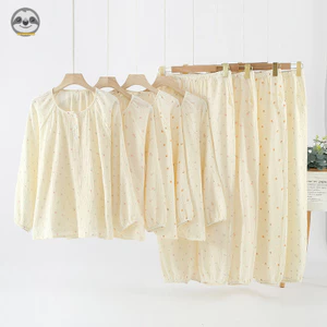 Phong cách đơn giản Nhật Bản / Bộ đồ quần dài tay cổ tròn bằng sợi cotton Seersucker dành cho nữ / Bộ đồ ngủ dài tay bằng vải cotton nguyên chất / Cotton nguyên chất B