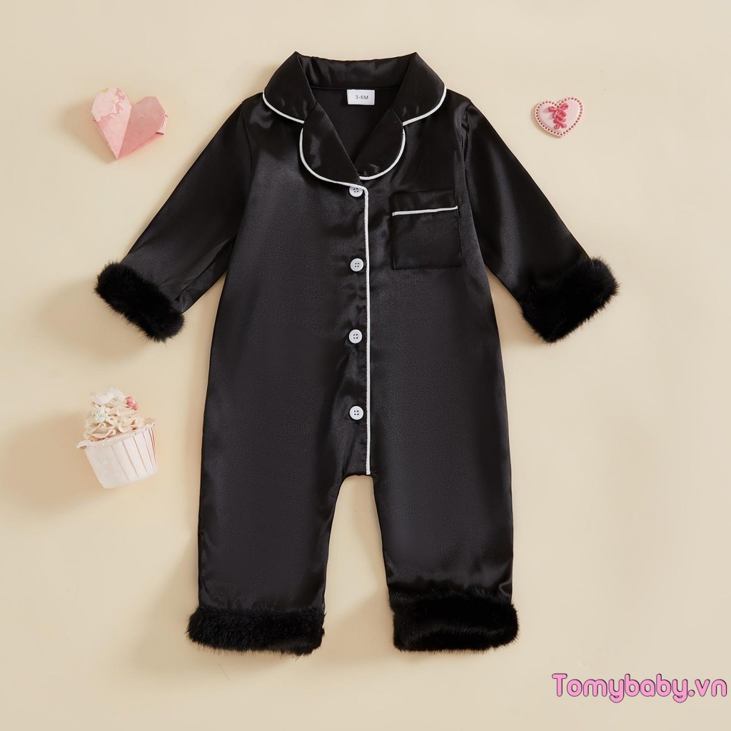Bé Gái Tương Phản Viền Lông Viền Nút Xuống Ve Áo Cổ Chữ V Tay Dài Một Mảnh Satin Bộ Đồ Ngủ