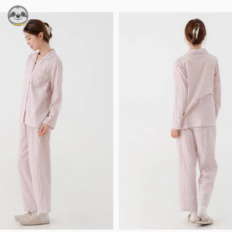Phong cách Nhật Bản Muji Style / Cặp đôi nhỏ kẻ sọc Cotton nguyên chất dài tay / Bộ đồ ngủ bằng sợi hai lớp có ve áo / Bộ đồ ngủ đi chơi mềm mại thoải mái / Trang phục cặp đôi