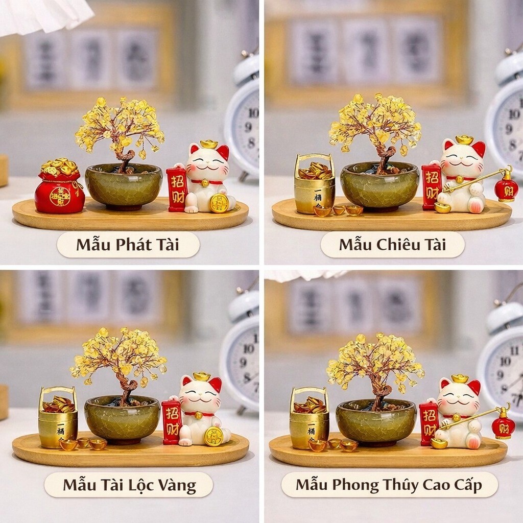 Set Cây Tài Lộc Mèo Thần Tài Thùng Vàng Phong Thủy Cao Cấp - Bộ Decor Bàn Làm Việc Quà Tặng Khai Trương Thu Hút Tài Lộc