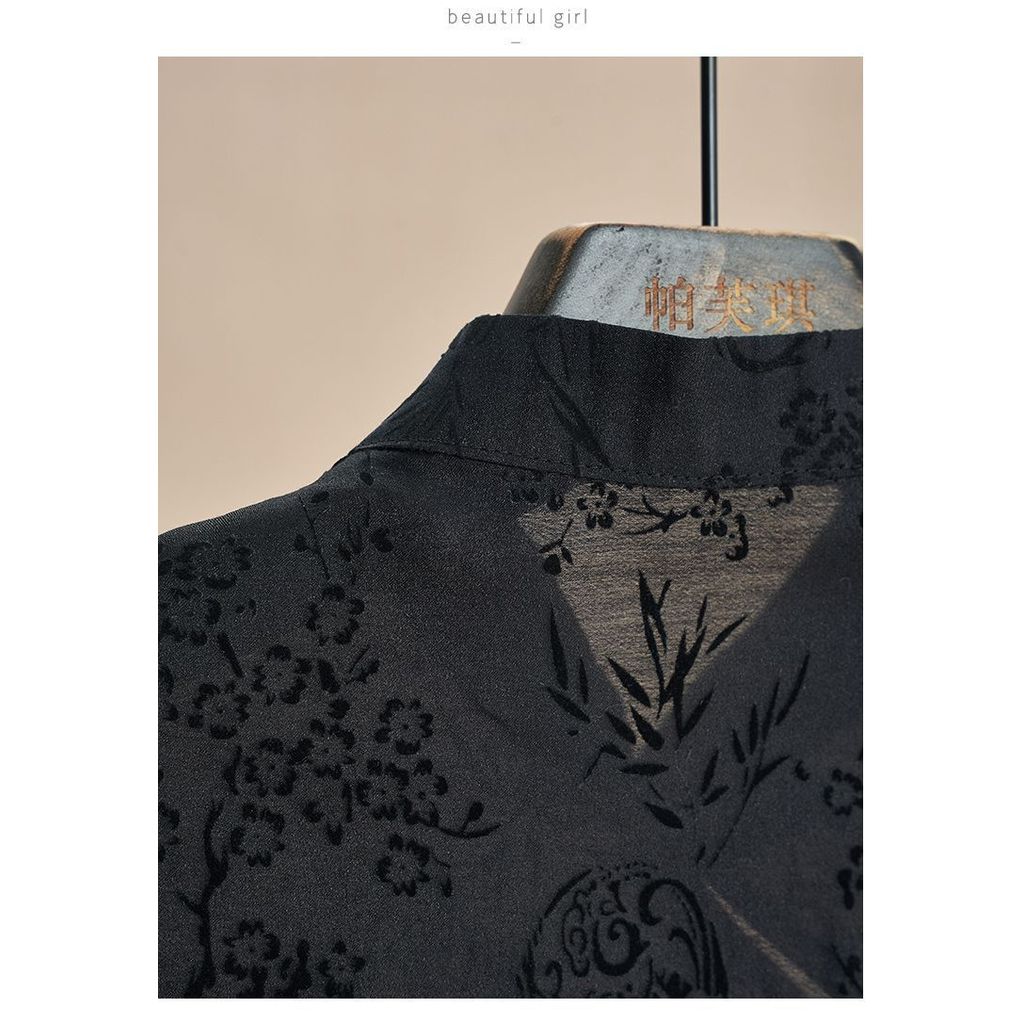 [Hàng mới về] Áo sơ mi sườn xám phong cách dân tộc Trung Quốc retro, jacquard đen, vai áo thun ngắn tay, phù hợp mùa hè