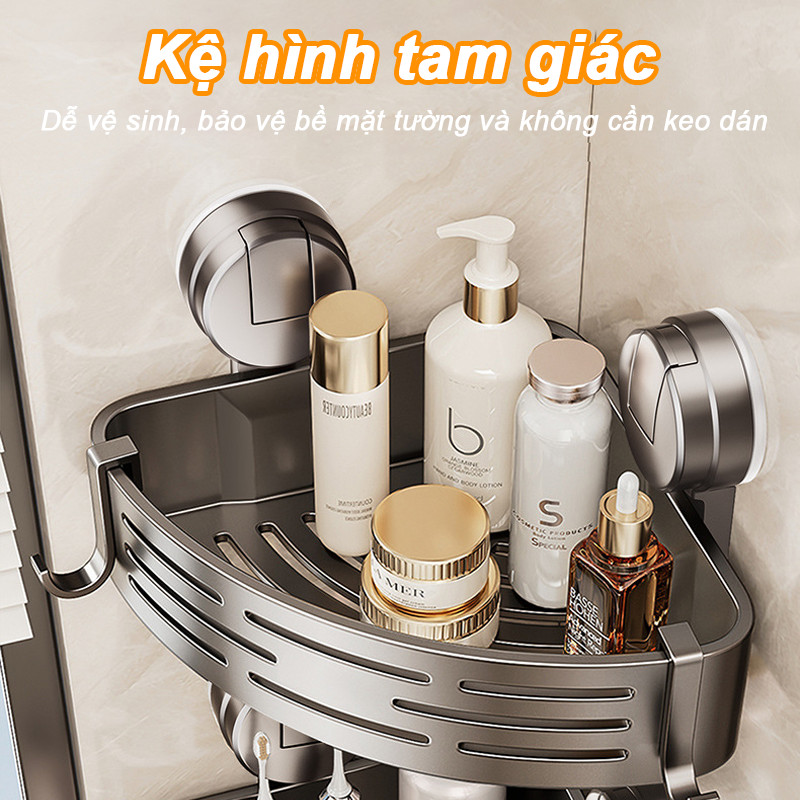 Kệ Góc Để Đồ Nhà Tắm Hút Chân Không Không Khoan Đục, Hút Siêu Chắc, Kèm Móc Treo Đồ Tiện Dụng