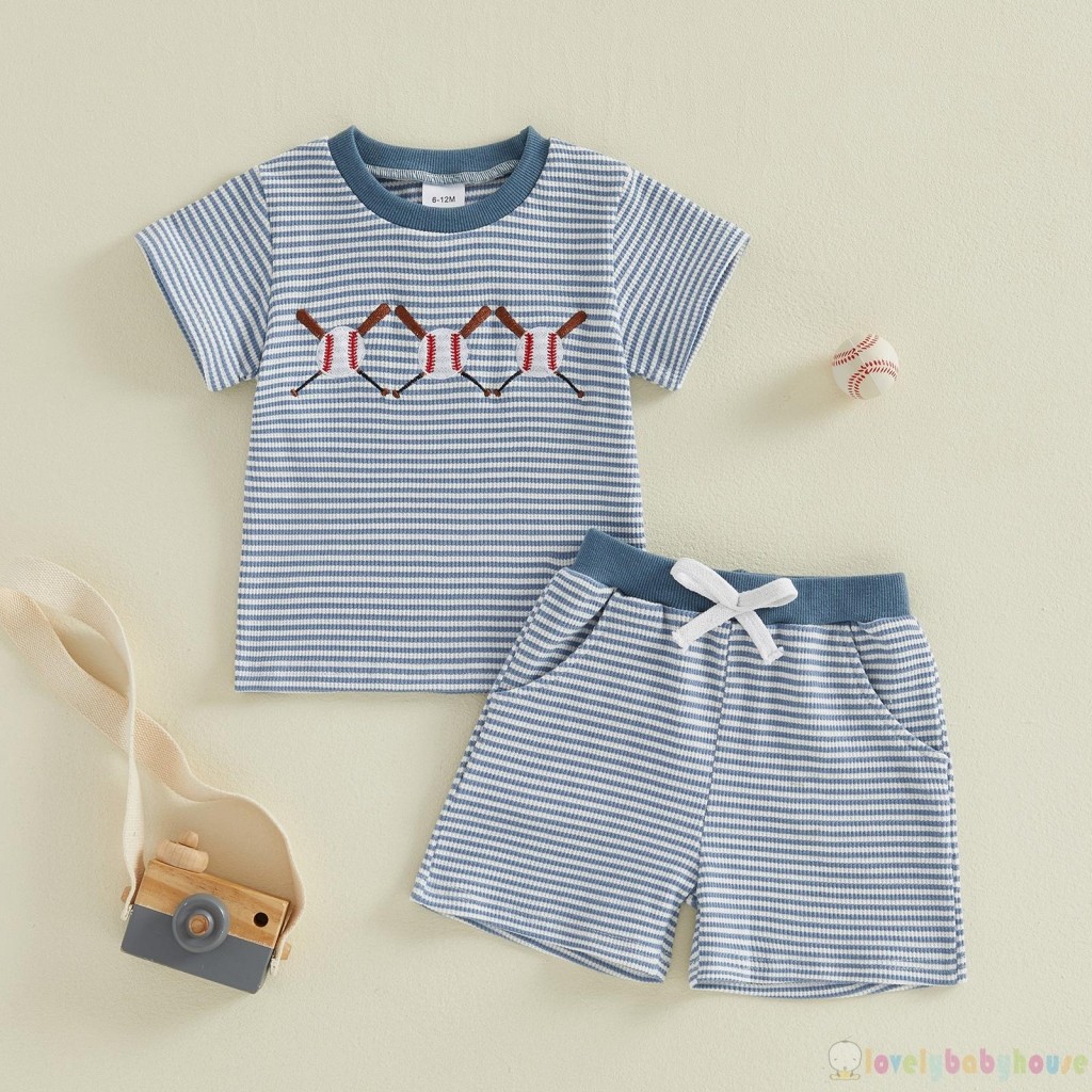 LBH-Toddler Bé Trai Sọc Mùa Hè Tay Ngắn Thêu Bóng Chày Áo Có Quần Short 2 Bộ Quần Áo