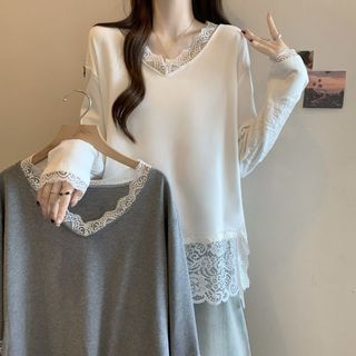 Size Lớn Đức Nhung Ren Khâu Cổ Chữ V Dài Tay Top Nữ Thu Đông 2025 Rời Thời Trang Đáy Áo Sơ Mi Nữ C