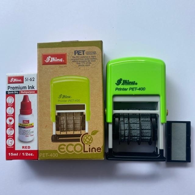 Dấu đóng mộc ngày tháng năm, hạn sử dụng SHINY Pet 400 và hộp mực chuyên dụng đóng lên mọi chất liệu.