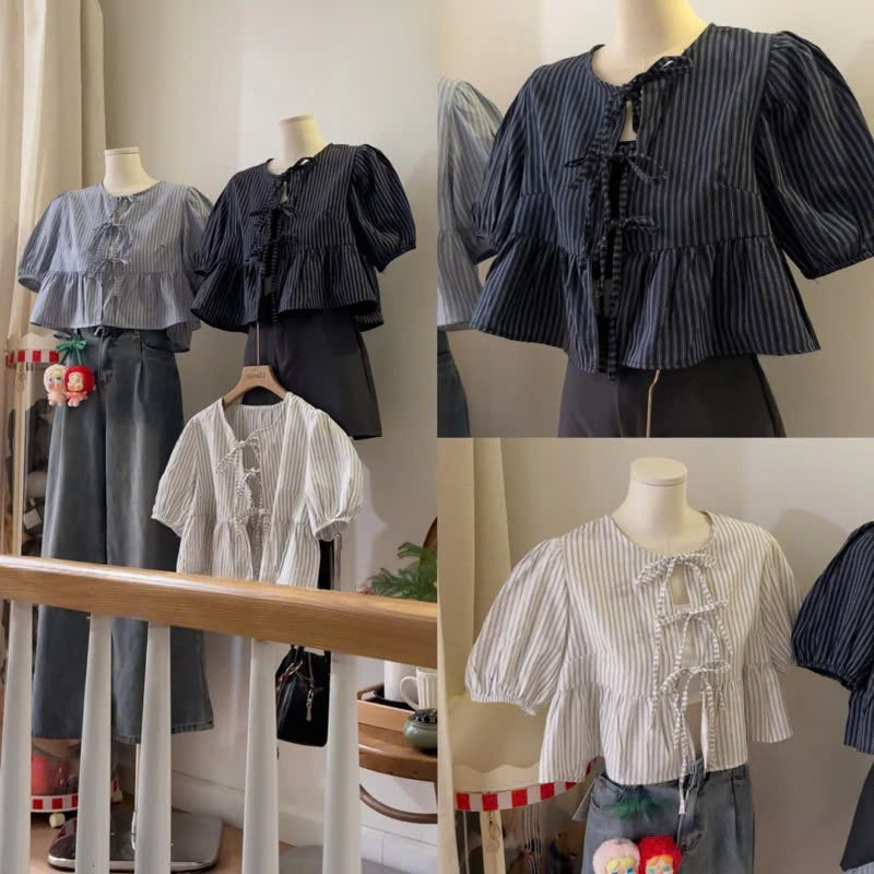 (Tặng kèm áo quây)Áo babydoll kẻ buộc nơ Nana Nana21 A6739 Sài Gòn M6739