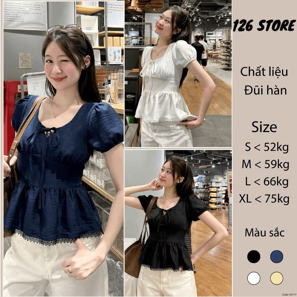 Áo Kiểu Nơ Buộc Bo Eo Tay Bồng Pha Ren MA3117