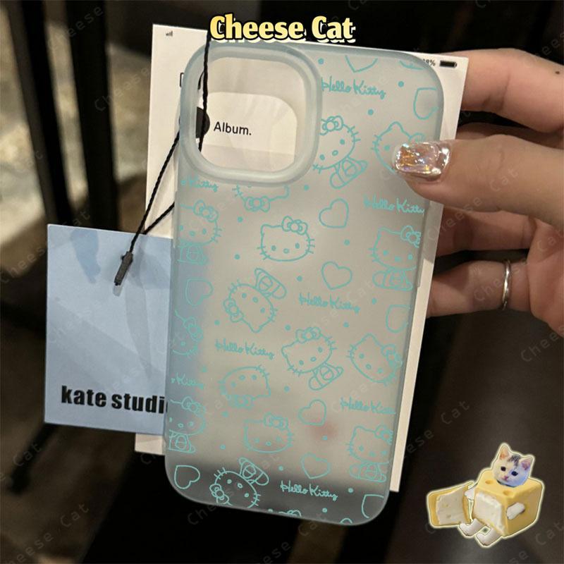 dòng mèo Kitty Ốp điện thoại màu xanh mờ cho iPhone 15 16 11 12 13 14 17 Pro Max 7 Plus XR Xs Max