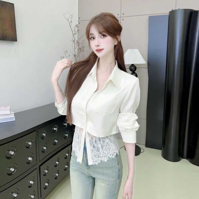 Pháp Ren Khâu Trắng Dài Tay Áo Sơ Mi Nữ Xuân Thu Thu Thiết Kế Hẹp Niche Dây Đeo Sang Trọng Tính Khí Hàng Đầu