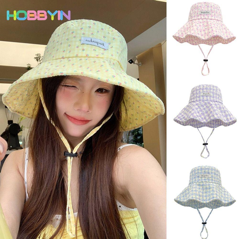 Mũ che nắng HOBBYIN vành lớn kẻ sọc hoa, dễ gấp gọn, phù hợp cho bãi biển