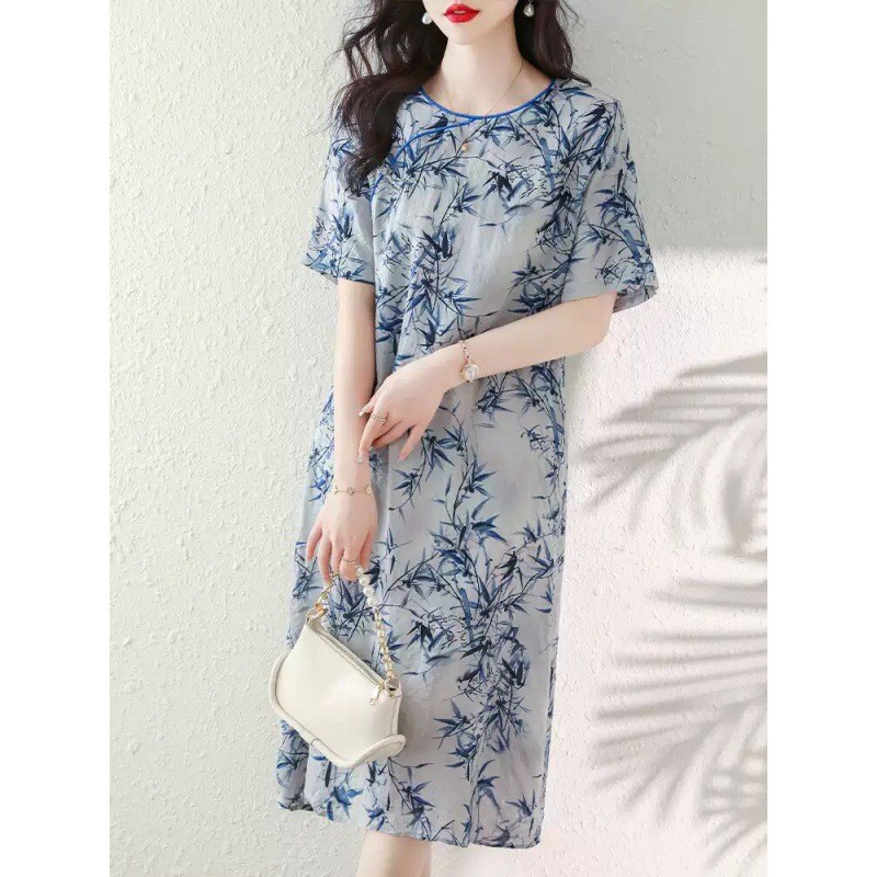 Váy mùa hè mới phong cách Trung Hoa, họa tiết tranh thủy mặc thanh lịch, dáng dài vừa phải, cổ điển, rộng rãi, tôn dáng