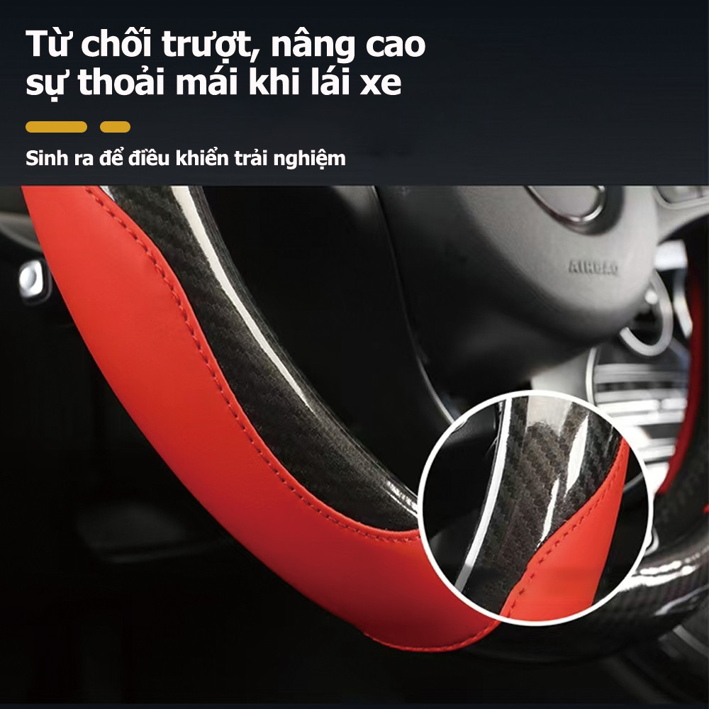 Bọc vô lăng ô tô da hoa văn sợi carbon không có vòng trong bọc tay lái thoải mái thích ứng với đường kính vô lăng 38cm