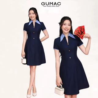 Đầm nữ GUMAC form A thiết kế cổ sơmi sọc đính nút vàng có túi vải  DF03005