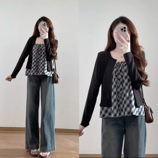 Áo Cadigan mix áo hai dây kẻ sọc tiểu thư thiết kế bồng bềnh điệu đà Hàn Quốc, Áo kẻ tiểu thư