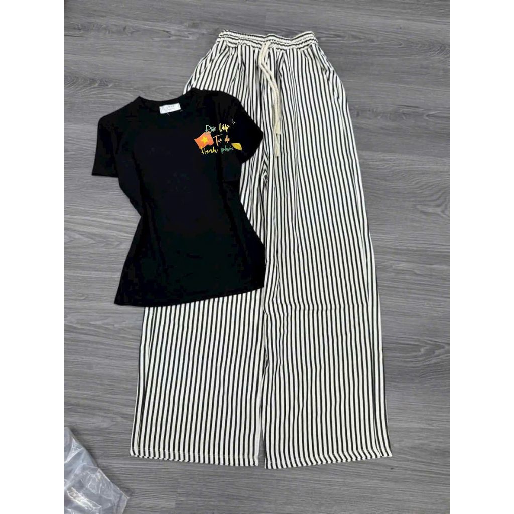 sét bộ quần dài kẻ vằn đũi xốp siêu xinh+mix áo Croptop chữ độc lập tự do chất tăm-chang3158