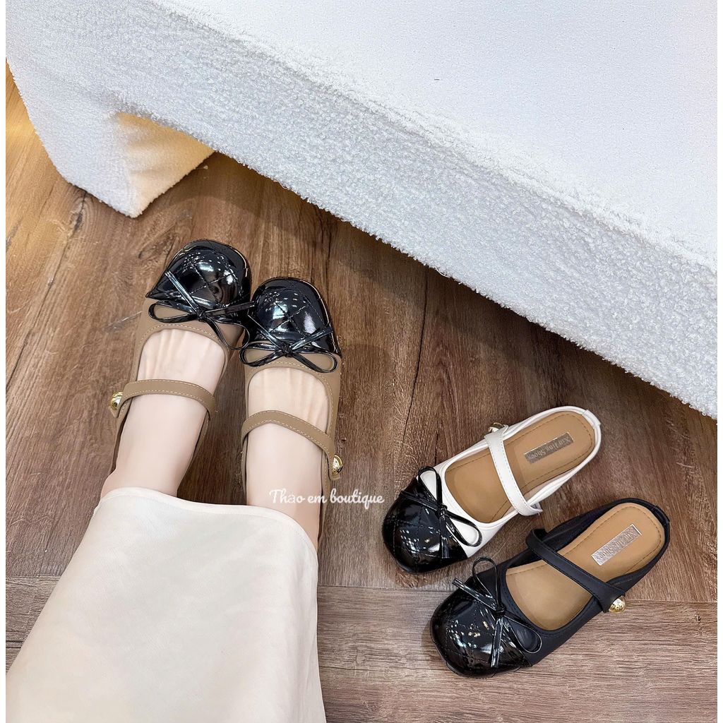 [Thảo Em - SB130] Sục bệt quai ngang dính nơ da bóng phối chần trám phong cách tiểu thư