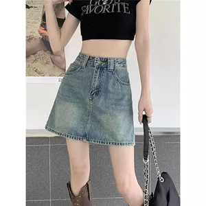 Váy Denim cạp cao thêu ngôi sao nữ mùa xuân thu Retro Thiết kế mát mẻ ngọt ngào Cảm giác rửa Váy ngắn chữ A