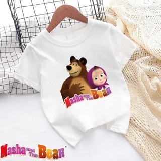 Áo thun hoạt hình Masha Masha và The Bear cotton áo thun trẻ em giản dị hàng đầu thời trang ngắn tay quần áo đa năng