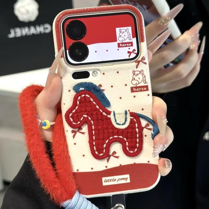 Pony thêu Thích hợp cho Apple 17PM Vỏ điện thoại năm mới Thu đông Xiaomi Huawei P70 Vỏ bảo vệ