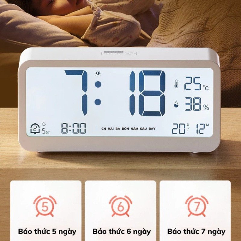 đồng hồ để bàn báo thức màn hình LCD đo nhiệt độ độ ẩm đèn nền 4 chế độ hiển thị ngày tháng nút cảm