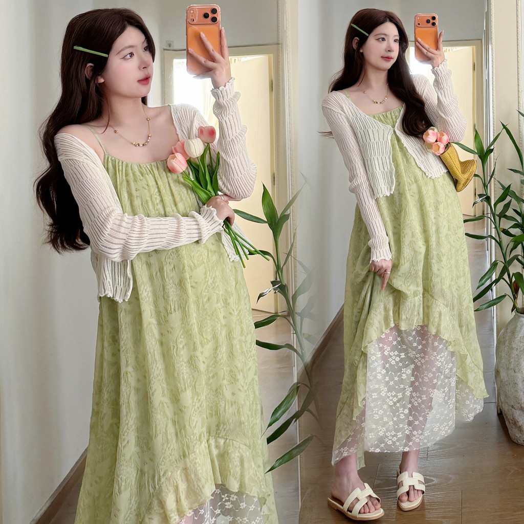 Bộ đồ bà bầu Váy bó hoa mùa hè + Bộ đồ hai mảnh Cardigan