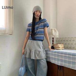 LUImo Hàn Quốc - Áo sơ mi retro sọc cổ tròn tay ngắn nữ SBS